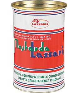 A can of Lazzaris Mostarda Fruit (2x5Kg case) with a red, white, and blue Italian-labeled design, featuring gold top and bottom.