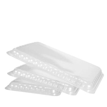 Stack of three transparent, rectangular Alcas Take Out Container Lids for Gelato Tubs (1x150pcs. Case) on a white background.