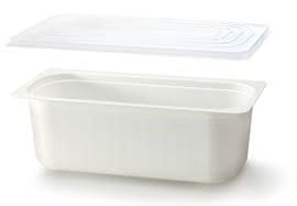 A white, rectangular plastic container hovers elegantly above it, featuring Alcas Take Out Container Lids for Gelato Tubs (1x150pcs. Case), set against a pristine white background.