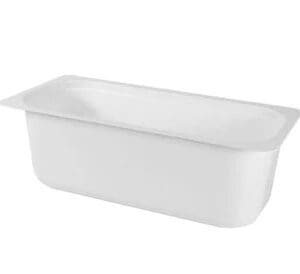 The Alcas Take Out Ice Cream Liners & Tubs 4750cc (1x150pcs.Case) are plain white, rectangular, with rounded corners and slightly raised edges, featuring a smooth surface perfect for storing frozen treats.