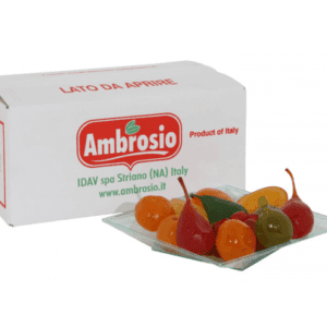 A box of Ambrosio Candied Pears for Preparation of Desserts (1x5Kg case) sits beside a glass plate with vibrant candied mixed fruit. The white box features red and green branding, labeled "Product of Italy" and "IDAV spa Striano (NA) Italy.