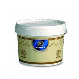 A white plastic tub with a blue and gold "elenka" logo on the front. The tub has a white lid and a cream-colored label featuring decorative text in Italian. Perfect for enhancing baked goods like crostata, the label proudly displays "Elenka Apricot Jam Preserve for Crostata, Croissants, Pastries, and Baked Goods (1x12Kg)" along with emblems signifying quality assurance.