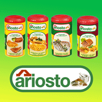 Against a green and yellow background, four different Ariosto Italian Seasonings for Meat containers display images of delicious meals. The Ariosto logo below is framed by herbs and a scoop.