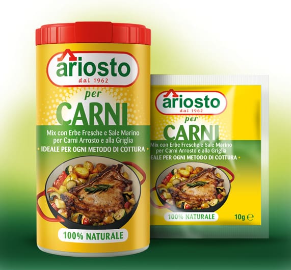 Ariosto Italian Seasonings for Meat (12x80gr case) offers a versatile mix, beautifully packaged with vibrant yellow featuring green and red accents, and a container plus sachet depicting grilled meat with herbs and vegetables, highlighting "100% Naturale.