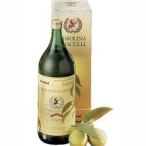 A large green bottle of AgroLina Ciaulli olive oil stands before its matching box adorned with a lion and olive motif, while two fresh olives with leaves lie beside it, subtly infused with Elenka Agrolina Lemon Gelato Concentrate for an added burst of lemon zest.