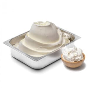 A metal tray filled with swirled, creamy white gelato. A small wooden bowl containing more gelato sits to the right of the tray. The gelato appears smooth and fluffy.