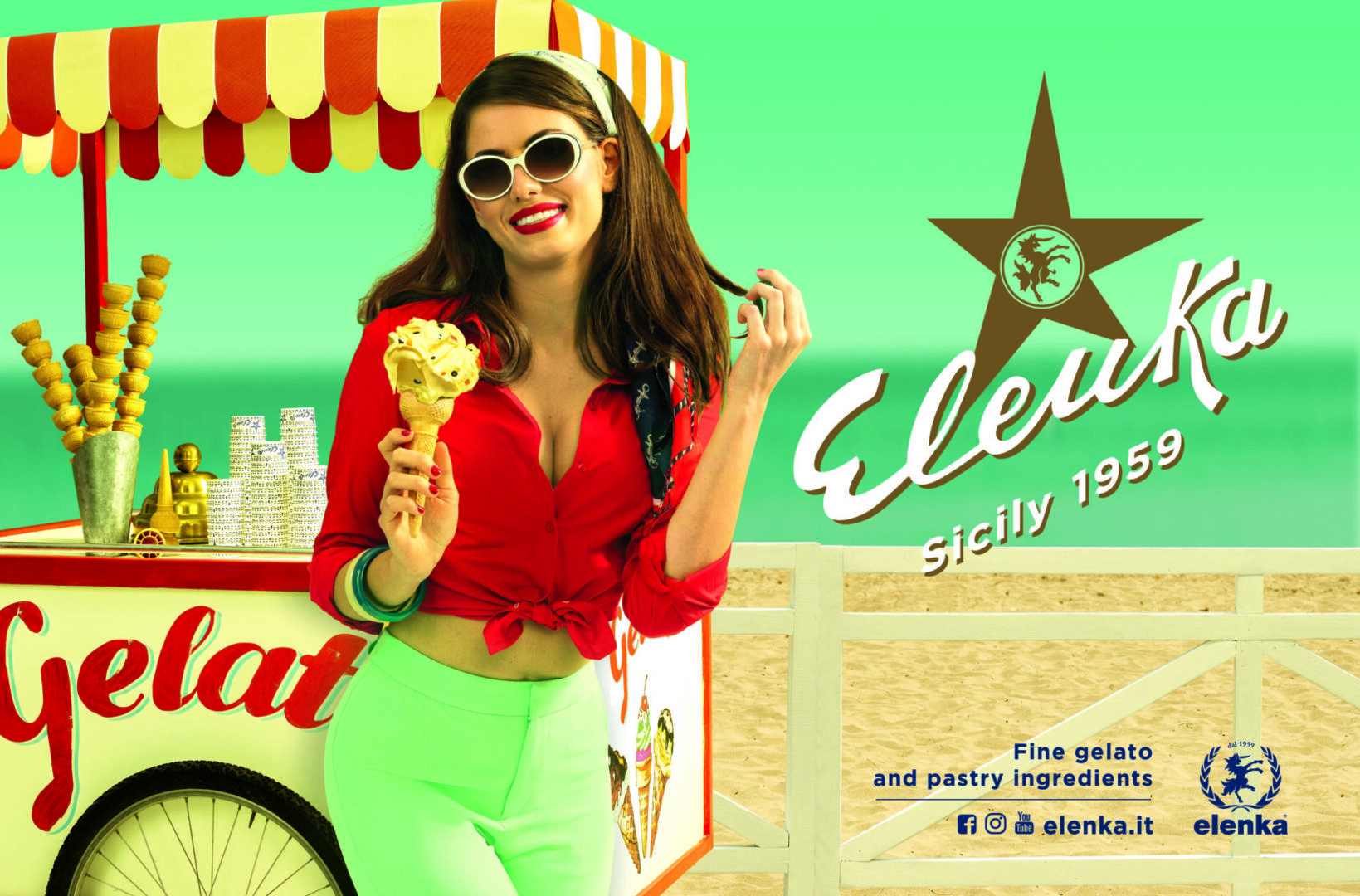 A woman in sunglasses and a red top holds an ice cream cone in front of a vintage-style gelato cart near a beach. Text reads "Elenka Sicily 1959" with brand logos and social media icons.