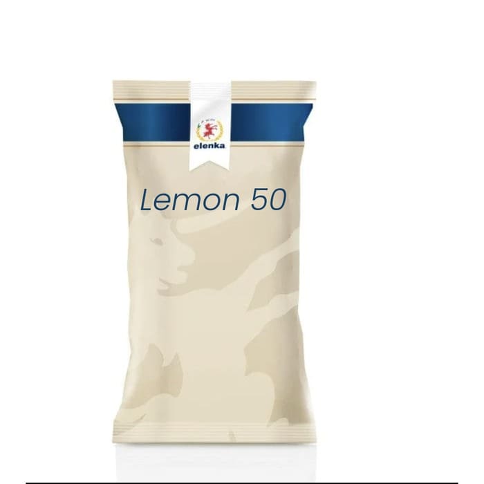 A beige bag with a blue stripe near the top, labeled “Lemon 50” and featuring a small circular “elenka” logo, identifies the product as Elenka (358) Lemon 50 Gelato Flavors (20x1Kg case).