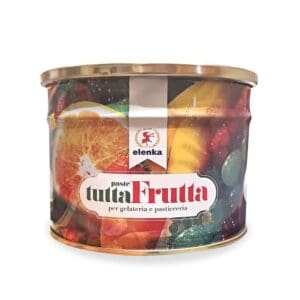 A colorful tin labeled "pasta tuttaFrutta" displays Elenka (442) Strawberry Fragola 100 (4x3Kg case), featuring vibrant fruit images like an orange and candies. It reads "per gelateria e pasticceria" with a small logo of a red figure.
