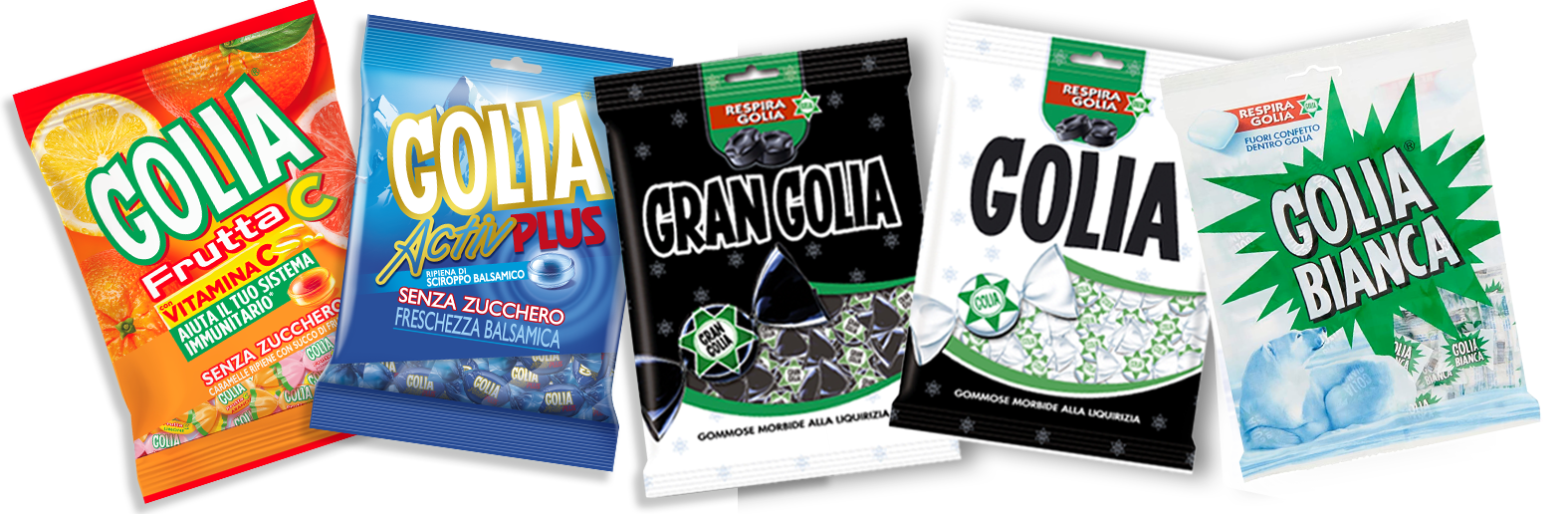 Five colorful packages of Golia candies, featuring the Golia Licorice Gummy Candy with Natural Licorice Juice in 180g packs, display flavors like Frutta C Vitamin C, Activ Plus, Gran Golia, Golia, and Bianca. Each boasts unique graphics and Italian text.