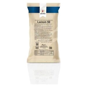 A beige and blue bag labeled “Elenka (358) Lemon 50 Gelato Flavors (20x1Kg case)” contains gelato flavor mix, with multilingual text and nutritional details on the label.