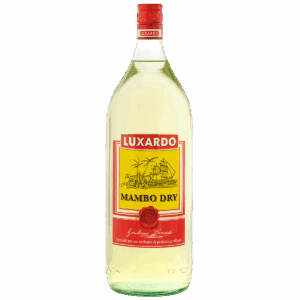 A large clear bottle of Luxardo Rum Mambo Intense Aroma 70 Alcohol (2x5Li case) with a red screw cap and a yellow label bordered in red, featuring palm trees, a house, a boat, and the bold "Luxardo Mambo Dry" text.