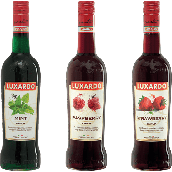 Three Luxardo flavored liqueur bottles: Mint, Raspberry, and Strawberry.
