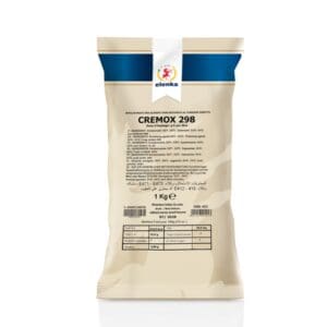 A beige and blue 1kg package labeled "Elenka (298) Cremox Gelato Base Stabilizer" features black-printed ingredients and nutrition details on the front, standing upright against a white background. Sold as a case of 20x1kg packs.