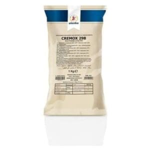 A beige 1 kg bag labeled “CREMOX 298,” Elenka (298) Cremox Gelato Base Stabilizer (20x1Kg case) features product details in black text and a blue stripe at the top.