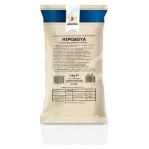A beige and blue 1 kg bag labeled “HIPOSOYA” with Spanish text and the Aleska logo, ideal as an Elenka (325) Hipsoya Low Fat Base -Soy Gelato (20x1Kg case).