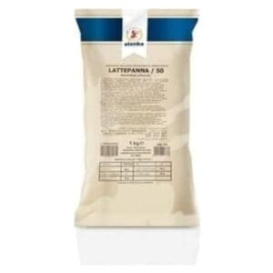 A beige and blue 1 kg bag labeled โElenka (773) Gelato Base Ingredients Lattepanna 50 (20x1Kg case)โ features nutritional info, text on the front, and the โElenkaโ logo at the top.