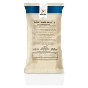 A beige and blue package labeled “Elenka (146) Nolat Fruit Base for Gelato (20x1Kg case),” featuring text and a table on the front, appears to contain a gelato ingredient.