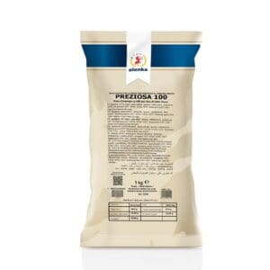 A beige and blue bag labeled "Elenka (112) Gelato Base Preziosa 100" contains product info and ingredients on the back, shows a 1 kg net weight at the bottom, and stands upright against a white background.