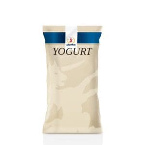 A beige and blue packet labeled “YOGURT” with a small emblem and the word “elenka” at the top is shown against a white background, featuring Elenka (439) Soft Serve Yogurt Powder for Gelato (20x1Kg case), perfect for deliciously creamy results.