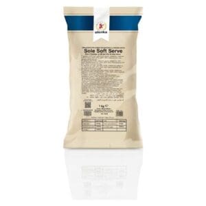 A beige and blue 1.2 kg bag of Elenka (1055) Sole Soft Serve Gelato Mix (10x1.2Kg case) displays product info, ingredients, and nutrition facts on the front in multiple languages.