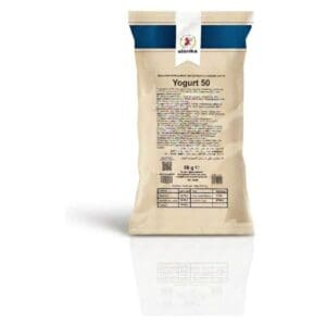 A beige and blue bag labeled “Yogurt 50” from Elenka (439) Soft Serve Yogurt Powder for Gelato (20x1Kg case) stands upright with ingredient and nutrition details displayed, reflected on a white background.