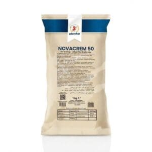 A 1 kg beige bag of Elenka (878) Ice Cream Base Ingredients Novacrem 50, featuring blue accents and a back label with product details, instructions, and nutrition facts in multiple languages.
