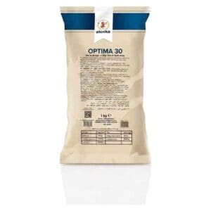 A beige 1 kg bag of Elenka (786) Gelato Base Optima 30 (20x1Kg case), with multilingual text, top logo, and bottom nutritional table, stands upright on a white surface.