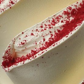 A close-up of a dessert topped with creamy, white topping, featuring fine red crumbs infused with Elenka (303) Zuppa Inglese Extract. The texture is smooth, and the red crumbs are evenly distributed, adding vibrant color to this exquisite delicacy.