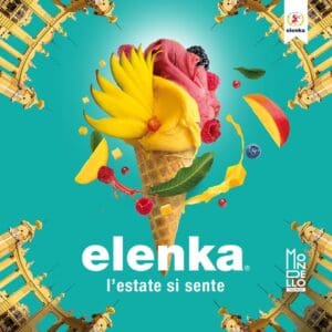 A vibrant Elenka Quick Fruit advertisement features a colorful ice cream cone with scoops of mango and berry flavors, topped with fresh fruit and leaves. The background is a vibrant blue with decorative yellow arches and the text "elenka l'estate si sente.
