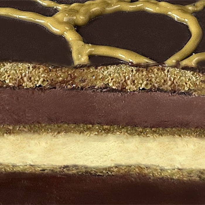 Close-up of a layered chocolate and caramel dessert. The top layer features a drizzle of caramel over dark chocolate glaze, reminiscent of the luxurious flavors in an Elenka Pistachio Premium Nuts Variegato. Below, layers of chocolate and cream filling with thin cake layers promise pure indulgence.