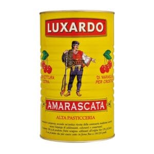 A vintage-style yellow can of Luxardo Crushed Cherries (4x5.4Li case) showcases a man playing an instrument amid cherry graphics. Italian text highlights it as ideal for pastries, brimming with rich crushed cherry flavor.