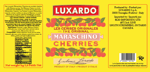 The Luxardo Gourmet Maraschino Cherries label features striking red and white text on a bright yellow background with cherry illustrations. Highlighting "Les Cerises Originales," it provides weight, origin details, and includes bilingual English and French text.