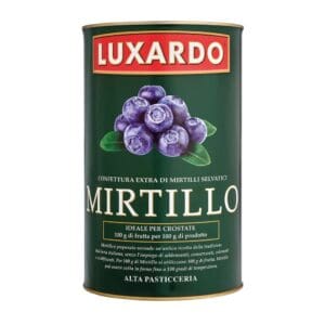 A green tin labeled "Luxardo Premium" features blueberries and "Confettura Extra di Mirtilli Selvatici," ideal for baking with quality jams. Product: Luxardo Premium Blueberry Jams and Spreads 'Mirtillo' (4x5.4Li).