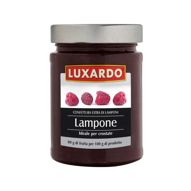Luxardo Raspberry Jam (4x5.4Li case) features a silver lid and a label with the brand name, vibrant raspberries, and a note that it's ideal for tarts. It contains 80g of fruit per 100g, capturing ripe raspberry essence in each spoonful.