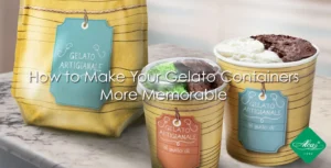 Two gelato containers with blue labels sit on a marble counter alongside a matching paper bag. The text on the image reads, "How to Make Your Gelato Containers More Memorable." A green logo is at the bottom right.