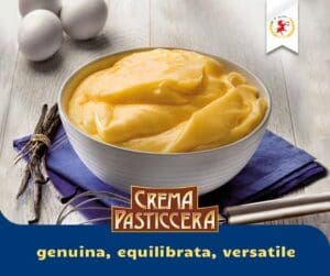 A bowl of creamy yellow custard with a whisk nearby on a wooden surface. Whole eggs and vanilla beans are in the background. A banner reads "Crema Pasticcera" with the words "genuina, equilibrata, versatile" below it.