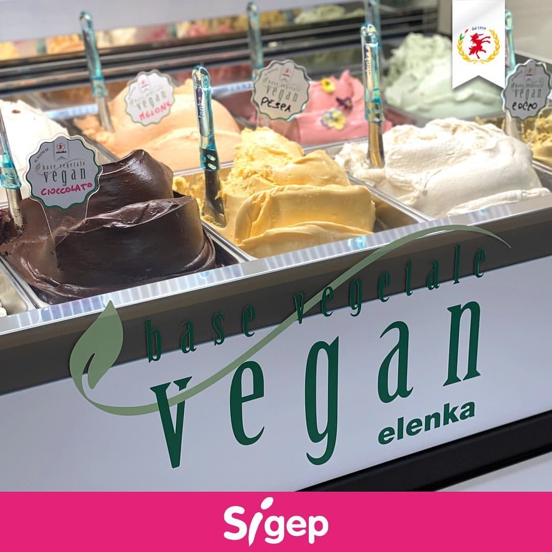 A display of vegan gelato in various flavors, including chocolate, melon, pear, and coconut. The sign on the front reads "base vegetale vegan elenka." The setting appears to be an exhibition or event, with a "Sigep" logo visible.