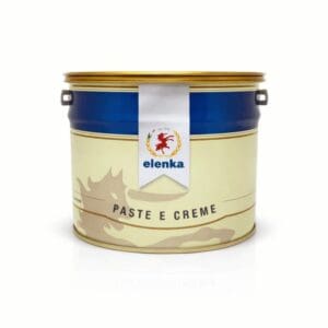 A large metal tin with gold lid, blue band, and beige section labeled "Paste e Creme." The Elenka logo with red lion and laurel wreath appears—ideal for creating hazelnut chocolate or Ferrero Rocher-style desserts. 2x6Kg case.