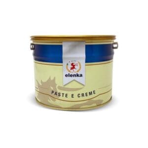 A large tin container labeled “Elenka Paste e Creme” with a blue lid, gold rim, and a decorative logo featuring a red lion on a white background.