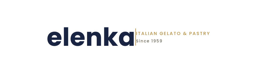 Logo with "elenka" in bold dark letters and "ITALIAN GELATO & PASTRY" in gold uppercase letters; below is "Since 1959" in gray. Simple, modern design on a white background.