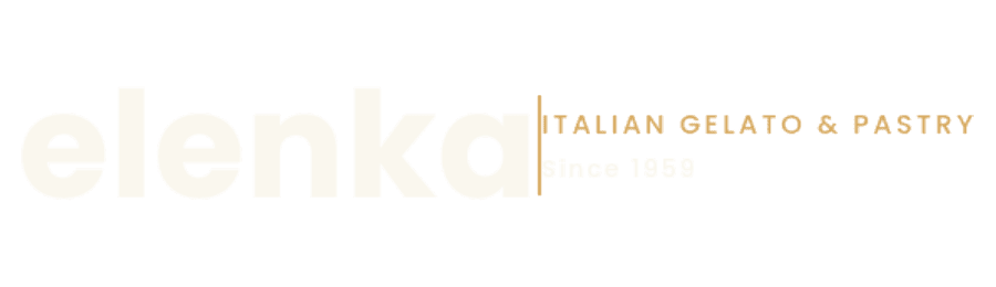 Logo with the word "elenka" in large, light text and "Italian Gelato & Pastry" in smaller, gold text to the right on a white background.