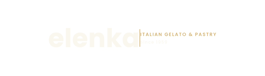 Text logo on a light background reads: "elenka ITALIAN GELATO & PASTRY" with "elenka" in light font and "ITALIAN GELATO & PASTRY" in gold capital letters, separated by a gold vertical line.
