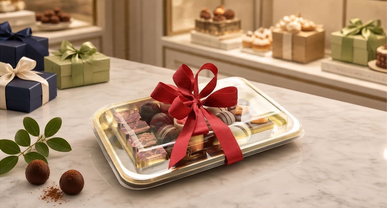 Alcas Kado gold tray with chocolates and red ribbon