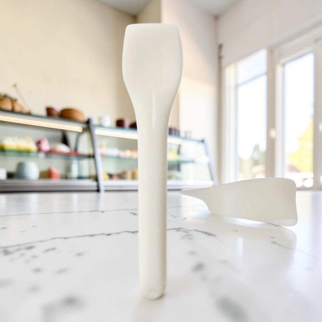 Alcas compostable PLA gelato spoon cream colour on marble gelateria counter