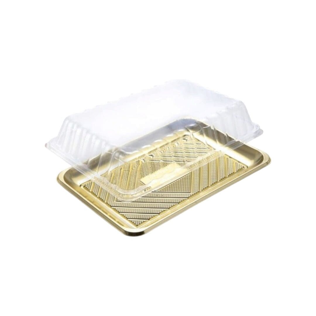 Alcas Kado gold pastry tray with clear lid on white