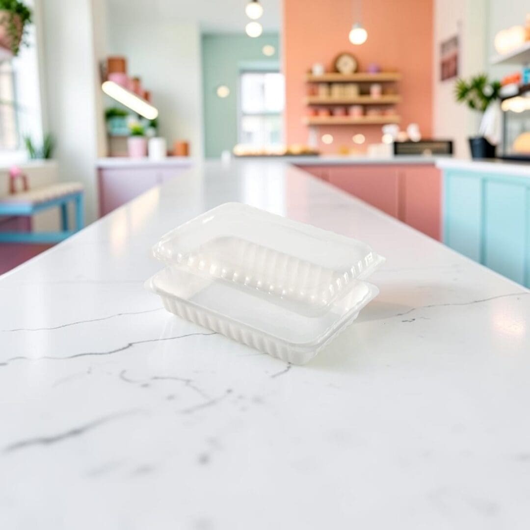 Alcas Porzionabile 650cc take-out gelato container with clear lid on gelateria counter