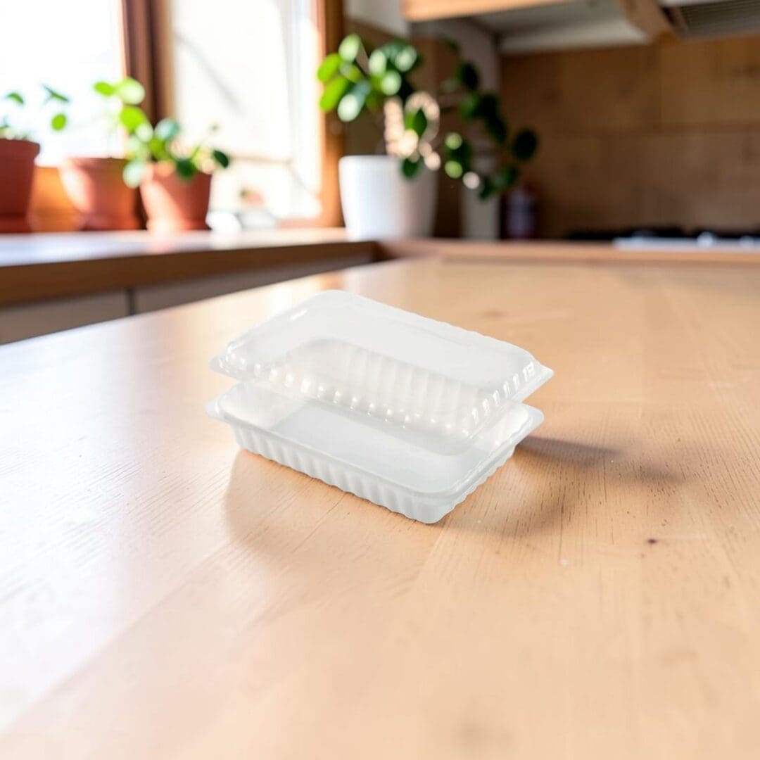 Alcas Porzionabile 650cc take-out gelato container with clear lid on kitchen table