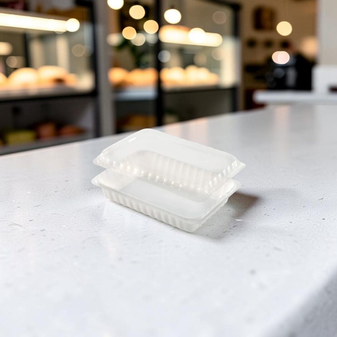 Alcas Porzionabile 650cc take-out gelato container with clear lid on pastry shop counter