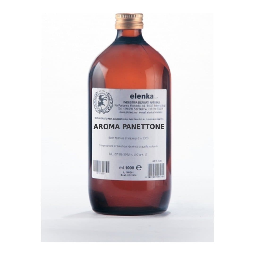 Amber glass bottle of Elenka Aroma Panettone flavoring, 1000 ml.
